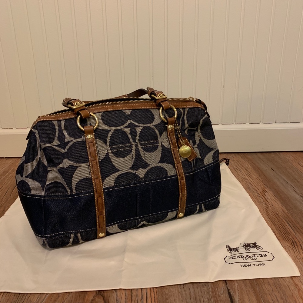 Classic Coach denim and brown leather purse.